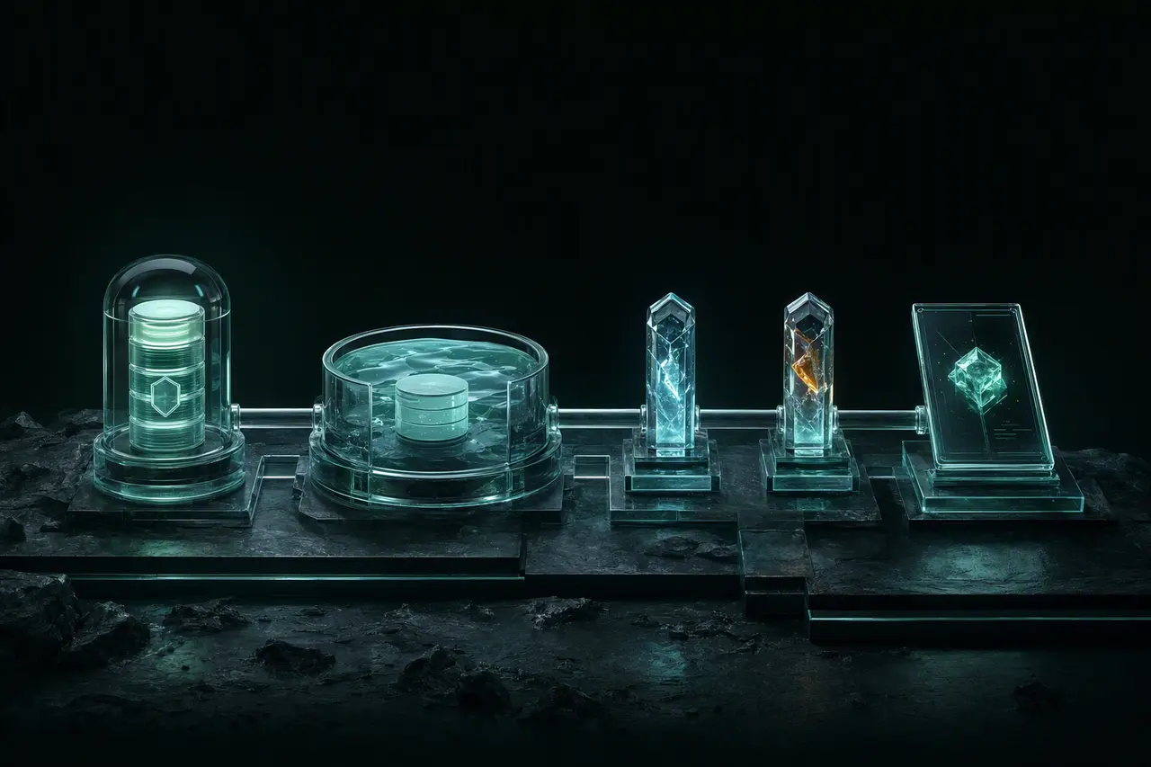 A backup capsule passes through an isolated glass basin and two verification beacons before reaching a signed evidence card.